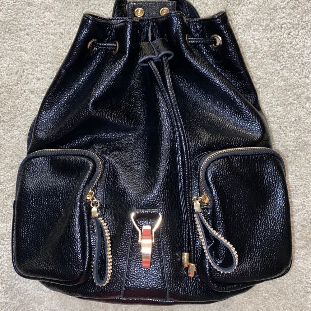Black Leather Backpack with Hat